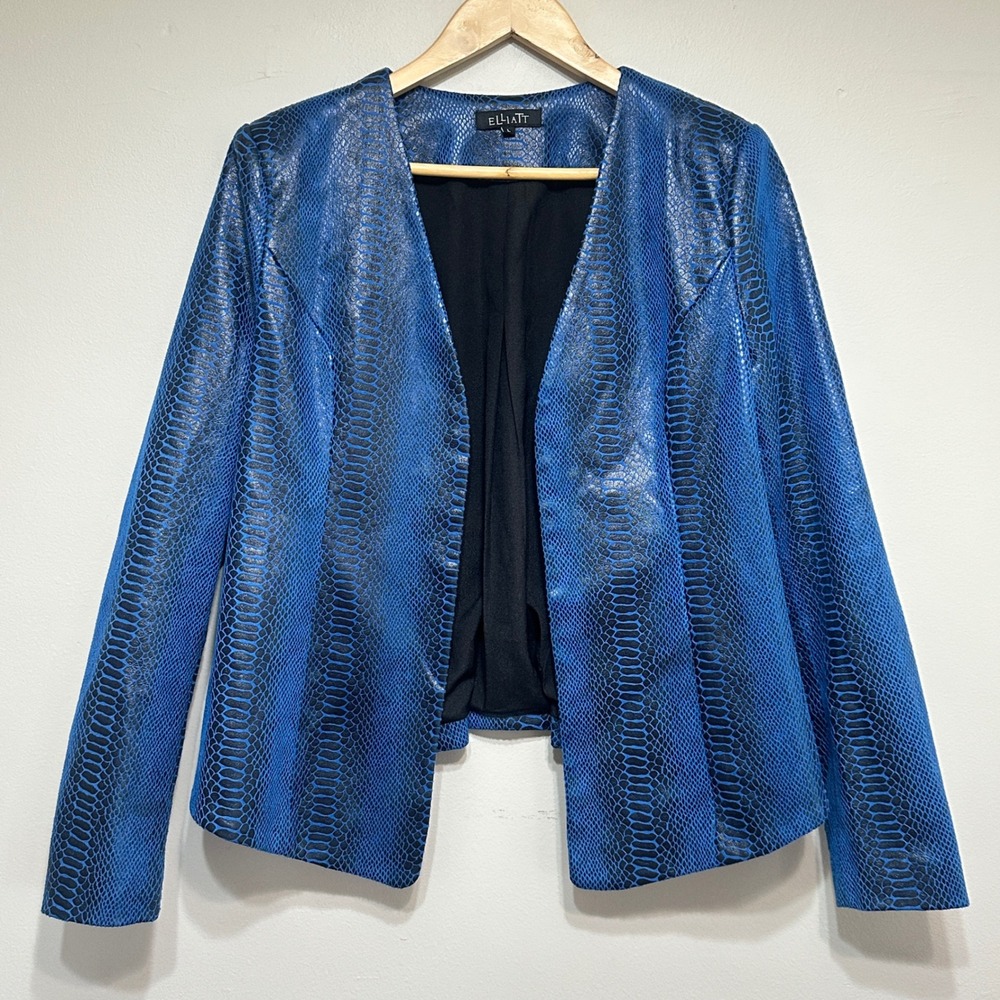 Elliatt Snake Print Jacket Womens L‎ Cobalt Open Front Blazer Modern Sleek Chic